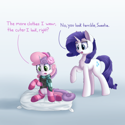 Size: 2000x2000 | Tagged: safe, artist:vanillaghosties, rarity, sweetie belle, g4, blatant lies, clothes, cute, dialogue, diasweetes, duo, earmuffs, fluffy, high res, hoodie, lies, open mouth, pillow, scarf, sitting, socks, striped socks, you tried