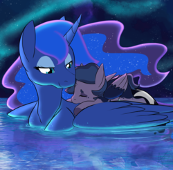 Size: 1600x1574 | Tagged: safe, artist:curiouskeys, princess luna, oc, oc:penumbra, alicorn, pony, g4, baby, baby pony, maternaluna, next generation, offspring, parent:princess luna, stars, swimming, water