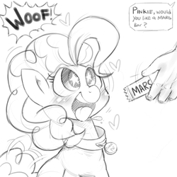 Size: 1000x1000 | Tagged: safe, artist:celine-artnsfw, pinkie pie, earth pony, human, pony, g4, barking, behaving like a dog, blushing, candy, chocolate, collar, cute, dialogue, diapinkes, disembodied hand, drool, female, food, grayscale, heart, looking up, mare, mars bar, monochrome, offscreen character, open mouth, pet play, pony pet, puppy pie, simple background, starry eyes, tongue out, white background, wingding eyes, woof