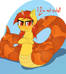 Size: 6383x7145 | Tagged: safe, artist:ampderg, oc, oc only, oc:scythia, lamia, original species, snake pony, absurd resolution, blushing, crossed arms, cute, fangs, i'm not cute, solo, tsundere