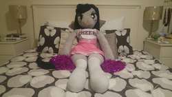Size: 5312x2988 | Tagged: safe, artist:bigsexyplush, artist:somethingaboutoctavia, octavia melody, earth pony, anthro, unguligrade anthro, g4, anthro plushie, arm hooves, bed, bedroom eyes, cheerleader, cheerleader outfit, clothes, costume, cute, doll, female, high res, hooves, irl, outfit, photo, plushie, pom pom, socks, socktavia, solo, thigh highs, thunder thighs, toy, wide hips