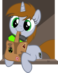 Size: 1000x1255 | Tagged: safe, artist:brisineo, edit, oc, oc only, oc:littlepip, pony, unicorn, fallout equestria, bag, balefire egg, brown background, cute, fanfic, fanfic art, female, happy, mare, mouth hold, simple background, smiling, solo, to saddlebags and back again, transparent background, vector, warning