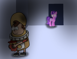 Size: 798x616 | Tagged: safe, artist:purpleloverpony, amethyst star, sparkler, human, unicorn, g4, clothes, costume, dipper pines, food, gravity falls, looking down, male, peanut butter, summerween, that pony sure loves peanut butter, this will end in pain, this will end in tears