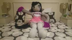 Size: 5312x2988 | Tagged: safe, artist:bigsexyplush, artist:somethingaboutoctavia, octavia melody, anthro, unguligrade anthro, g4, anthro plushie, arm hooves, bed, bedroom eyes, cheerleader, cheerleader outfit, clothes, costume, cute, doll, female, high res, hooves, irl, outfit, photo, plushie, pom pom, pose, socks, socktavia, solo, thigh highs, thunder thighs, toy, wide hips