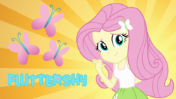 Size: 1920x1080 | Tagged: safe, artist:doctor-g, fluttershy, equestria girls, g4, clothes, female, looking at you, skirt, solo, tank top, wallpaper, waving