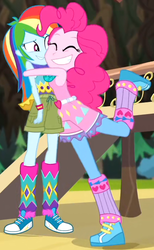 Size: 430x699 | Tagged: safe, screencap, pinkie pie, rainbow dash, equestria girls, g4, my little pony equestria girls: legend of everfree, camp fashion show outfit, clothes, converse, female, hug, shoes, sneakers