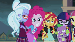 Size: 640x360 | Tagged: safe, screencap, applejack, pinkie pie, sci-twi, sour sweet, spike, spike the regular dog, sugarcoat, sunset shimmer, twilight sparkle, dog, equestria girls, g4, my little pony equestria girls: friendship games, animated, breaking the fourth wall, camera pan, gif, loose hair, original hair