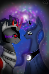 Size: 1000x1500 | Tagged: safe, artist:ghostfacenikol, king sombra, princess luna, alicorn, unicorn, g4, blushing, horn, horns are touching, looking at each other, looking at someone, male, power of love, ship:lumbra, shipping, straight