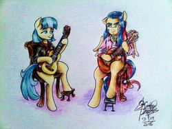 Size: 2048x1536 | Tagged: safe, artist:mannybcadavera, coco pommel, oc, oc:sigvard, pegasus, anthro, unguligrade anthro, g4, guitar, traditional art