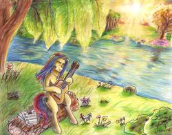 Size: 3224x2529 | Tagged: safe, artist:mannybcadavera, oc, oc only, oc:sigvard, cottagecore, forest, guitar, high res, metronome, river, sheet music, solo, sun, traditional art