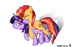 Size: 1600x1050 | Tagged: safe, artist:haden-2375, sunset shimmer, twilight sparkle, pony, unicorn, g4, caring for the sick, carrying, crying, dirty, duo, female, floppy ears, frown, injured, lesbian, ponies riding ponies, pony caring pony, raised hoof, riding, sad, ship:sunsetsparkle, shipping, sick, simple background, smiling, sunset shimmer riding twilight, walking, white background