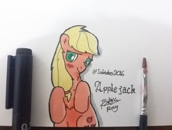 Size: 2048x1536 | Tagged: safe, artist:pwnagespartan, applejack, earth pony, pony, g4, blushing, female, hatless, inktober, looking at you, missing accessory, on back, solo, traditional art