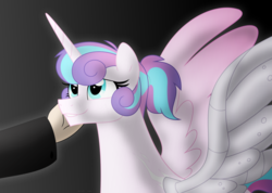 Size: 1553x1106 | Tagged: safe, artist:faith-wolff, princess flurry heart, alicorn, human, pony, fanfic:the bridge, g4, amputee, augmented, azusa gojo, crossover, fanfic, fanfic art, female, godzilla (series), grin, hair bun, happy, mare, older, prosthetic limb, prosthetic wing, prosthetics, smiling, solo focus