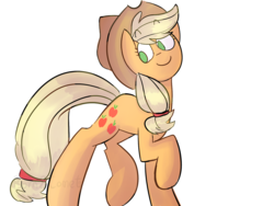 Size: 1600x1200 | Tagged: safe, artist:silverlight130, applejack, g4, empty eyes, female, looking back, no catchlights, no pupils, raised hoof, simple background, smiling, solo, walking, white background
