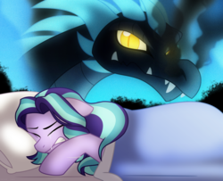Size: 1280x1037 | Tagged: safe, artist:faith-wolff, oc, oc only, oc:moonbeam glimmer, dragon, pony, fanfic:the bridge, beamzilla, bed, blanket, crying, death stare, eyes closed, fanfic, fanfic art, female, floppy ears, glowing eyes, mare, nightmare, pillow, post traumatic stress disorder, ptsd, scar, smoke, survivor's guilt