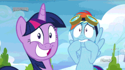 Size: 1280x718 | Tagged: safe, screencap, rainbow dash, twilight sparkle, alicorn, pegasus, pony, g4, season 6, top bolt, animated, blinking, discovery family logo, duo, face of mercy, faic, female, flying, frown, gif, grin, hoof biting, lip bite, looking at you, nervous, perfect loop, rainbow dash is best facemaker, rare double meme face, shrunken pupils, smiling, twilight sparkle (alicorn), twilight sparkle is best facemaker