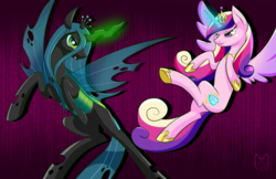 Size: 1024x663 | Tagged: safe, artist:celliron, princess cadance, queen chrysalis, alicorn, changeling, changeling queen, pony, g4, female, fight, flying, frown, magic, rearing