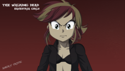 Size: 2560x1440 | Tagged: safe, artist:ngrycritic, sunset shimmer, equestria girls, g4, amc, bra, clothes, crossover, female, looking at you, open clothes, solo, style emulation, the walking dead, underwear