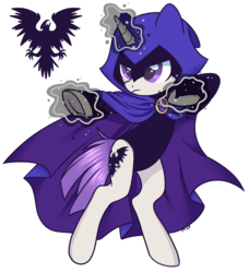 Size: 2548x2796 | Tagged: safe, artist:hawthornss, oc, oc only, oc:zinthos, pony, unicorn, cape, clothes, expy, frown, high res, hood, leotard, magic, raven (dc comics), simple background, solo, teen titans, transparent background, underhoof
