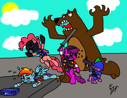 Size: 1650x1275 | Tagged: safe, artist:sir-croco, berry punch, berryshine, pinkie pie, rainbow dash, spike, bear, grizzly bear, g4, crossover, team fortress 2