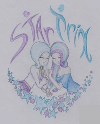 Size: 967x1200 | Tagged: safe, artist:marta4708, starlight glimmer, trixie, human, g4, eyes closed, female, humanized, lesbian, ship:startrix, shipping, smiling, stars, traditional art
