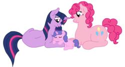 Size: 1836x990 | Tagged: safe, artist:smava-heartsong, pinkie pie, twilight sparkle, oc, g4, female, lesbian, magical lesbian spawn, mama twilight, offspring, parent:pinkie pie, parent:twilight sparkle, parents:twinkie, prone, ship:twinkie, shipping, simple background, smiling, transparent background