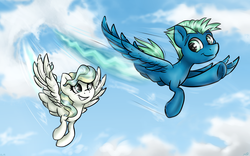 Size: 3599x2246 | Tagged: safe, artist:gaelledragons, sky stinger, vapor trail, pegasus, pony, g4, top bolt, contrail, duo, female, flying, high res, looking at each other, looking back, male, mare, smiling, stallion