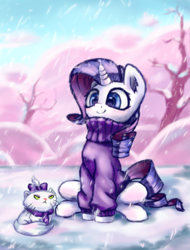 Size: 2956x3893 | Tagged: safe, artist:inowiseei, part of a set, opalescence, rarity, cat, pony, unicorn, g4, blushing, bow, clothes, cute, duo, female, frown, glare, hair bow, high res, mare, raribetes, scarf, sitting, smiling, snow, snowfall, sweater, winter, winter outfit