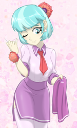 Size: 600x1000 | Tagged: safe, artist:ta-na, coco pommel, equestria girls, g4, clothes, cocobetes, cute, equestria girls-ified, female, miniskirt, one eye closed, pincushion, sewing, sewing needle, skirt, socks, solo, thigh highs, thigh socks, wink