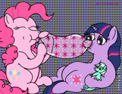 Size: 3248x2507 | Tagged: safe, artist:puffydearlysmith, lyra heartstrings, pinkie pie, twilight sparkle, sea pony, g4, balloon, balloon fetish, blowing up balloons, condom, female, inflating, party balloon, seapony lyra