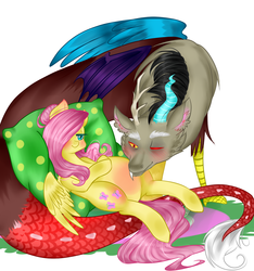 Size: 1024x1092 | Tagged: safe, artist:cheshirecat163, discord, fluttershy, pegasus, pony, g4, blushing, duo, hair over one eye, male, one eye closed, pillow, preggoshy, pregnant, ship:discoshy, shipping, simple background, smiling, straight, white background