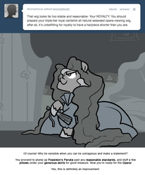 Size: 666x809 | Tagged: safe, artist:egophiliac, princess luna, moonstuck, g4, cartographer's sophisticated lady's fan, clothes, dress, female, filly, majestic as fuck, monochrome, monocle, poseidon's peruke, seaweed, solo, wig, woona, younger