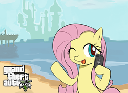 Size: 1685x1221 | Tagged: safe, artist:timorikawa, fluttershy, g4, beach, cellphone, cute, female, grand theft auto, one eye closed, parody, phone, selfie, shyabetes, solo, wink