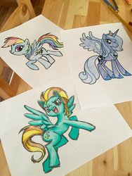 Size: 1536x2048 | Tagged: safe, artist:twinlensreflux, lightning dust, princess luna, rainbow dash, g4, s1 luna, traditional art