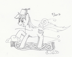 Size: 1507x1188 | Tagged: safe, artist:arctic-lux, lyra heartstrings, g4, female, fez, flying carpet, grayscale, hat, monochrome, solo, traditional art