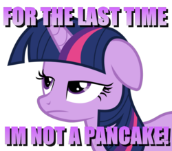 Size: 544x476 | Tagged: safe, twilight sparkle, g4, blatant lies, female, i'm pancake, image macro, meme, solo, unamused