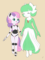 Size: 900x1200 | Tagged: safe, artist:jdan-s, coco pommel, sweetie belle, gardevoir, robot, anthro, friendship is witchcraft, g4, clothes, cocobetes, cosplay, costume, cute, diasweetes, nightmare night, pokémon, sweetie bot, wip