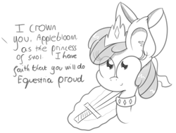 Size: 1275x963 | Tagged: safe, artist:pastelhorses, apple bloom, oc, earth pony, pony, g4, apple bloom's bow, bow, crown, crowning, ear fluff, female, filly, hair bow, happy, jewelry, levitation, magic, monochrome, necklace, offscreen character, princess, regalia, smiling, smol, solo, sword, telekinesis, text, weapon