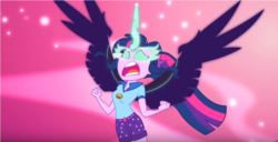 Size: 855x439 | Tagged: safe, screencap, sci-twi, twilight sparkle, equestria girls, g4, my little pony equestria girls: legend of everfree, big no, glowing eyes, horn, midnight sparkle, mindscape, possession, sad, scared, screaming, solo, transformation, wings
