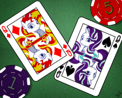 Size: 1200x960 | Tagged: safe, artist:dsana, starlight glimmer, sunset shimmer, pony, g4, card, duo, poker chips, queen of diamonds, queen of spades