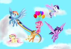 Size: 1291x900 | Tagged: safe, artist:mcmeg29, applejack, fluttershy, pinkie pie, rainbow dash, rarity, twilight sparkle, alicorn, pony, g4, balloon, butterfly wings, floating, gossamer wings, mane six, then watch her balloons lift her up to the sky, twilight sparkle (alicorn)