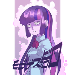 Size: 1500x1500 | Tagged: safe, artist:kaikoinu, twilight sparkle, equestria girls, g4, abstract background, anime, clothes, crossover, female, japanese, looking at you, mob psycho 100, solo, style emulation