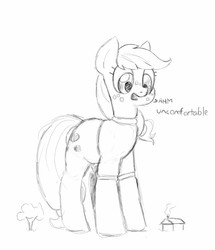 Size: 1099x1280 | Tagged: safe, artist:trickydick, applejack, g4, clothes, dialogue, female, macro, monochrome, sketch, solo, sweater, tight clothing