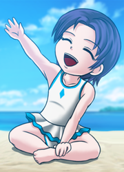Size: 344x477 | Tagged: safe, artist:mauroz, rarity, human, g4, attached skirt, beach, bicolor swimsuit, clothes, cropped, cute, female, frilled swimsuit, humanized, one-piece swimsuit, raribetes, solo, swimsuit, white swimsuit, younger