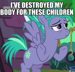 Size: 1095x1060 | Tagged: safe, edit, edited screencap, screencap, air pop, pegasus, pony, g4, top bolt, bags under eyes, female, flying, image macro, mare, meme, mother, rope, smiling, solo, spread wings, tire swing, trampoline, wings