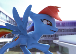 Size: 2560x1828 | Tagged: safe, artist:neohary, rainbow dash, g4, 3d, climbing, evil smile, female, render, smiling, solo, squint, wings