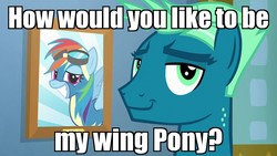 Size: 1280x720 | Tagged: safe, edit, edited screencap, screencap, rainbow dash, sky stinger, pegasus, pony, g4, top bolt, female, image macro, male, mare, meme, pick up line, smug, stallion