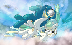 Size: 4000x2500 | Tagged: safe, artist:skodadav, sky stinger, vapor trail, pegasus, pony, g4, top bolt, abstract background, clothes, colored, duo, female, flying, goggles, male, mare, stallion, trainee, uniform, wavy mouth, wonderbolt trainee uniform