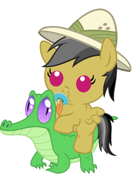 Size: 886x1117 | Tagged: safe, artist:red4567, daring do, gummy, pegasus, pony, g4, baby, baby pony, cute, daring dorable, female, pacifier, ponies riding gators, riding