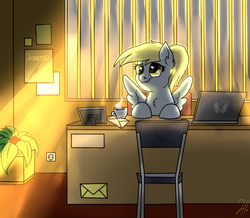 Size: 800x699 | Tagged: safe, artist:shimazun, derpy hooves, pegasus, pony, g4, crepuscular rays, cropped, desk, female, mare, office, scrunchy face, solo